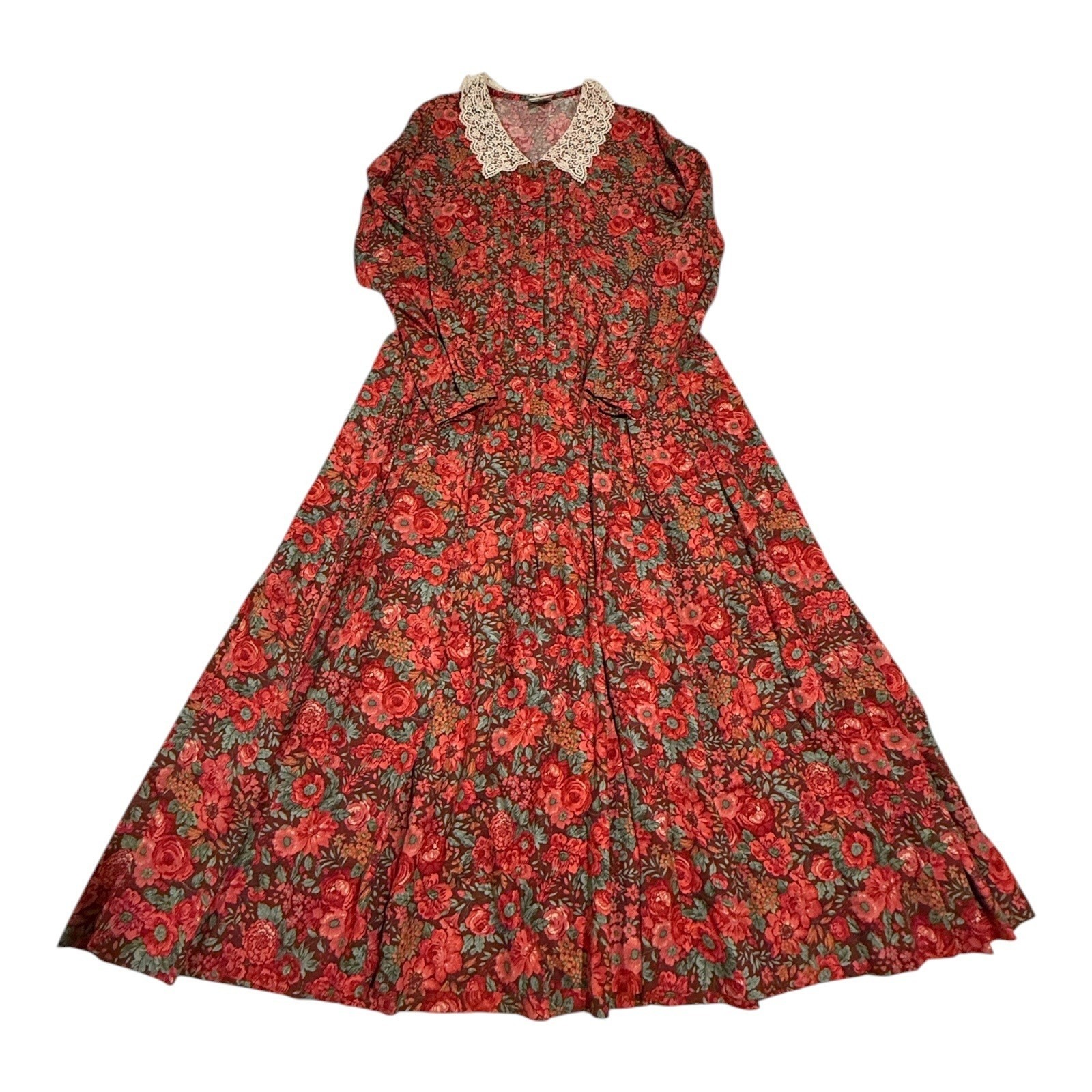 Vintage Laura Ashley Womens 8 Red Floral Maxi Dress Lace Collar Cottage Prairie